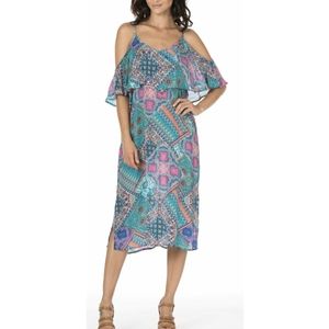 Tolani Turquoise Boheme Scarf Silky Slip Dress XS - Boho Ruffle Colorful Summer